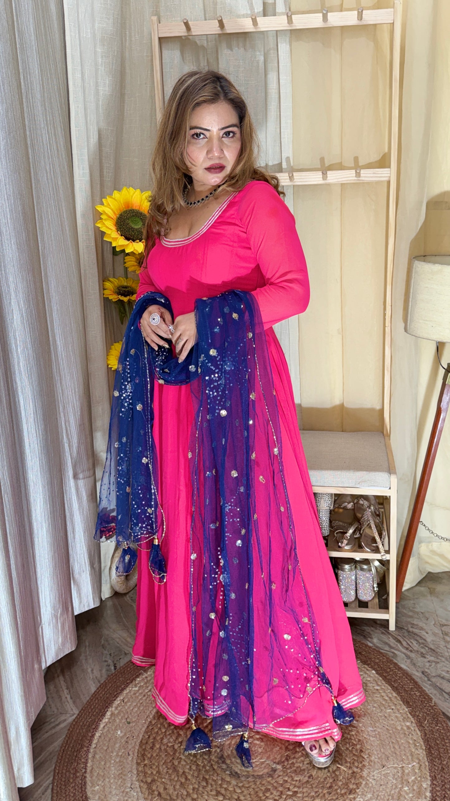 Hot Pink Anarkali Kurta Set with Navy Blue Sequins Dupatta