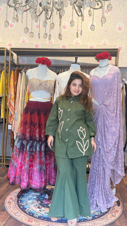 Olive Green Floral Appliqué Shirt Kurta Set with Palazzo Pants | Premium Cotton Co-Ord Set for Women