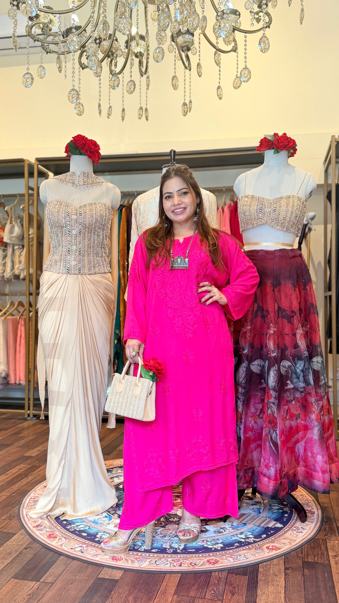 Hot Pink Embroidered Kurta & Pants Set