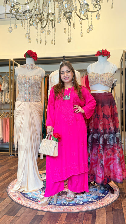 Hot Pink Embroidered Kurta & Pants Set