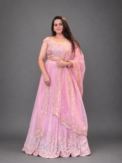 Blush Pink Hand-Embroidered Lehenga Set with Scalloped Dupatta