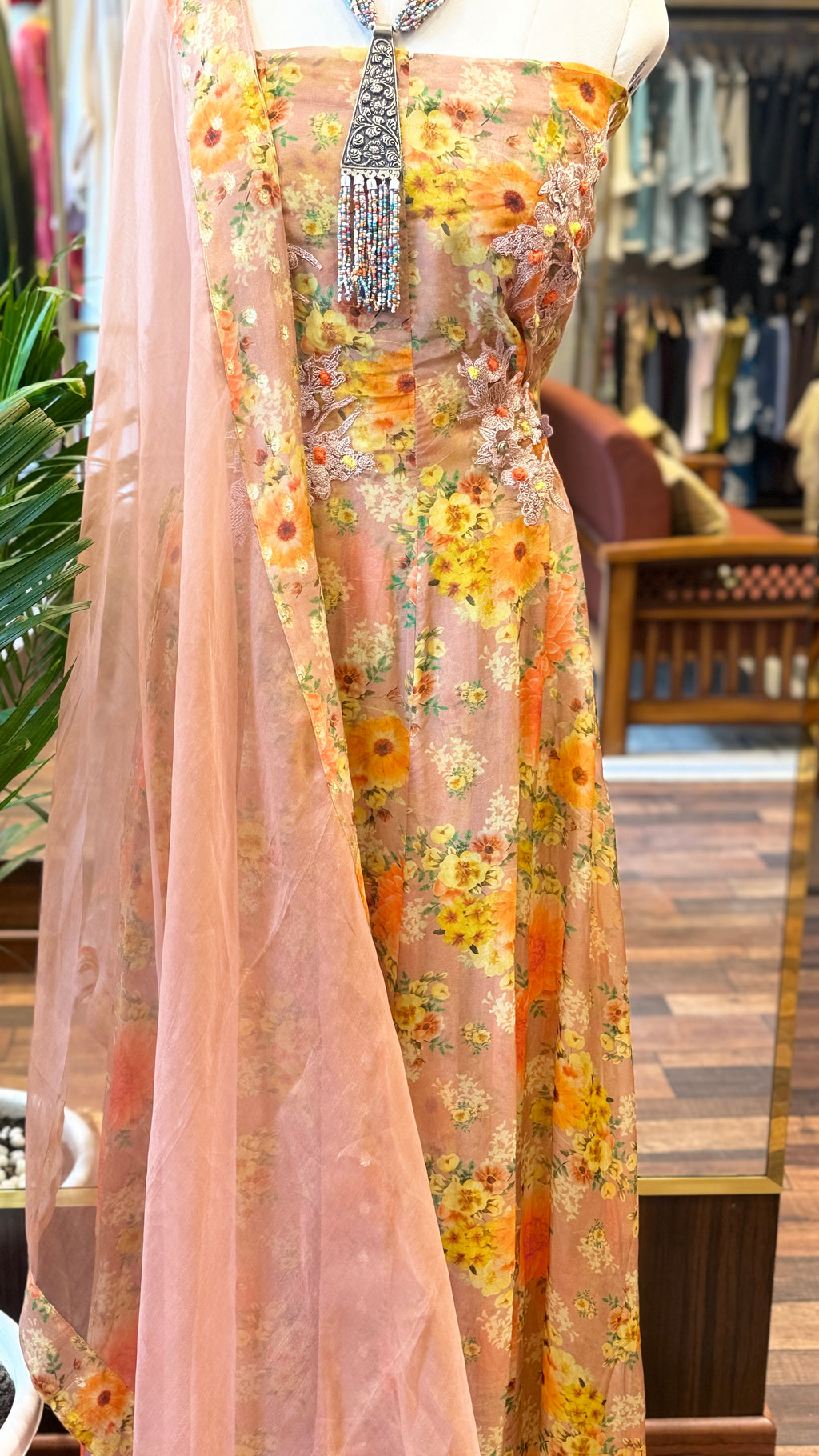 Floral Printed Organza Semi-stitched Anarkali