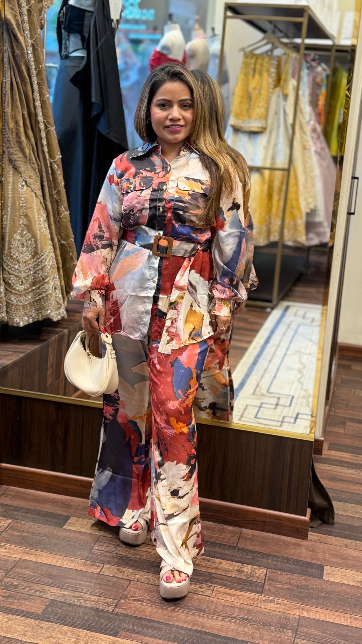 Abstract Print Satin Co-ord Set with Belt – Premium Statement Outfit for Women