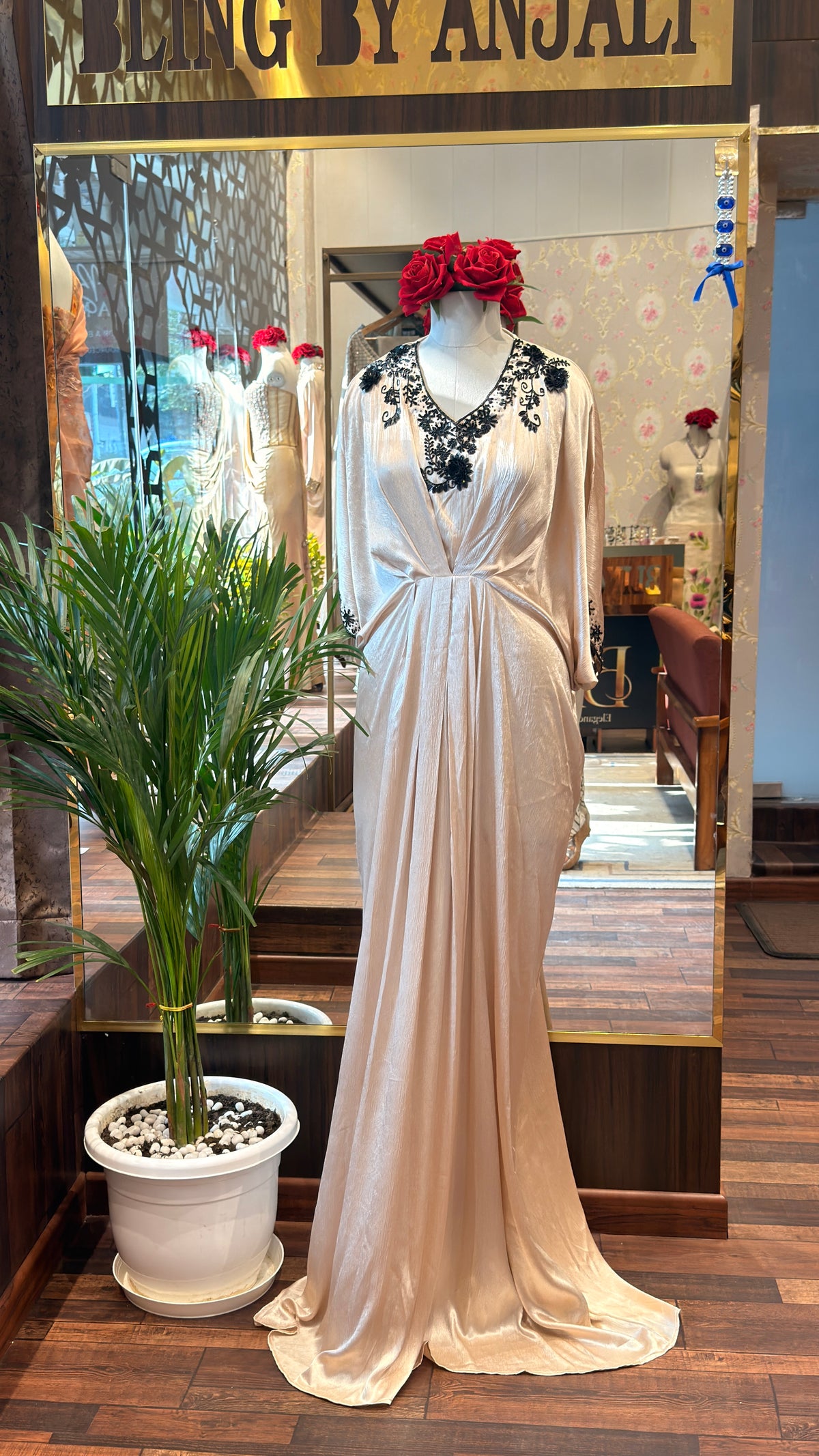 Satin Kaftan with Black Embroidery