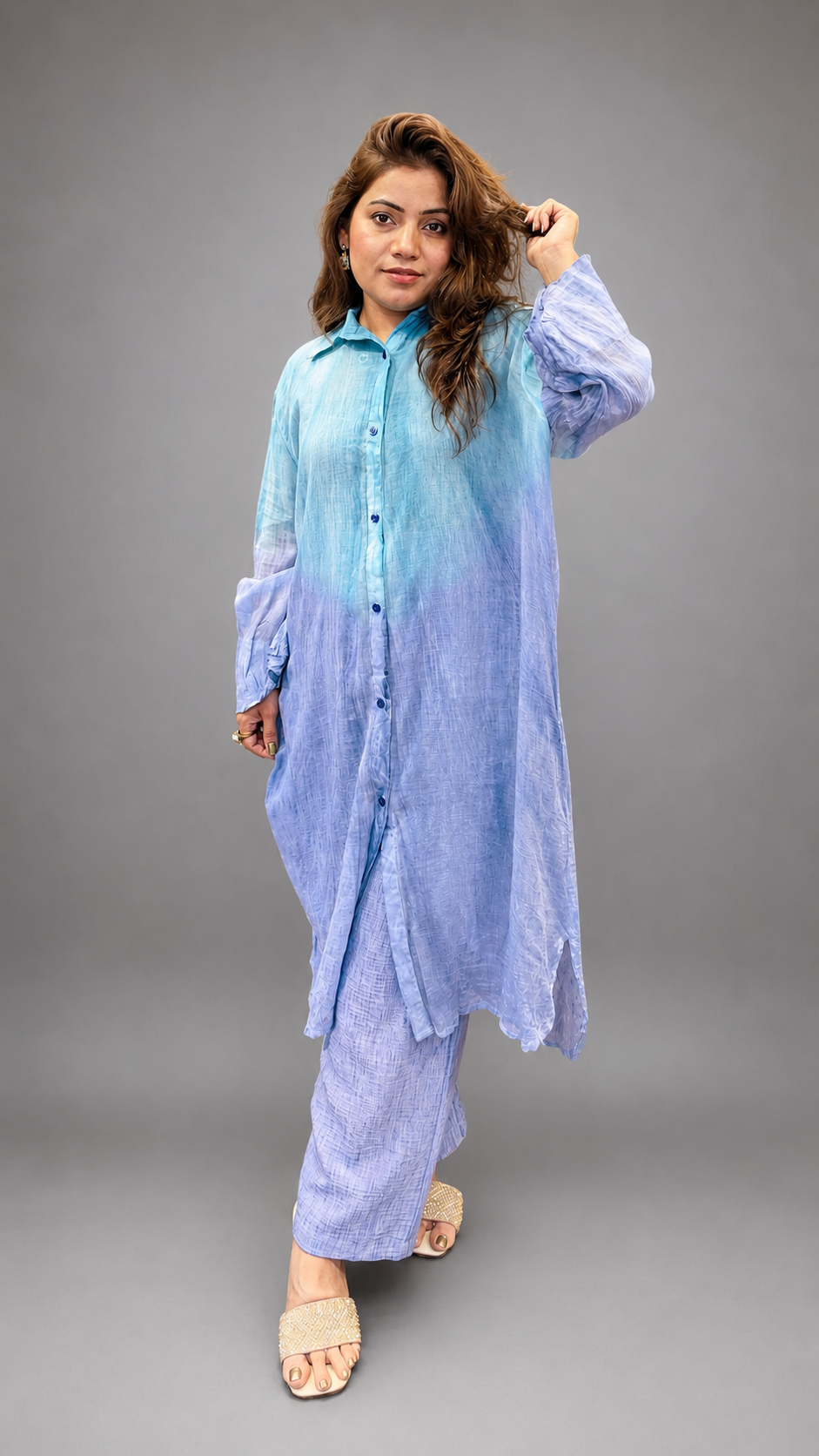 Pure Handwoven Mul Cotton Ombre Long Shirt