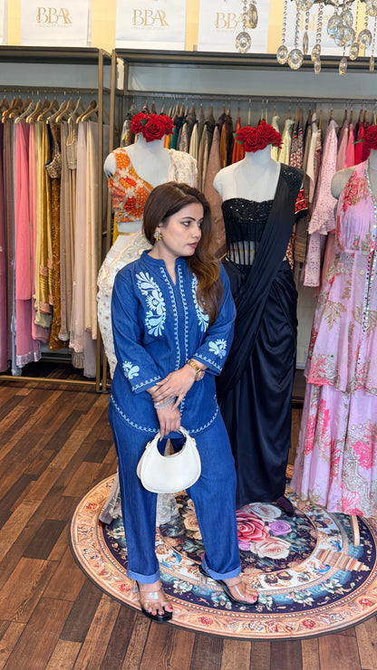 Indigo Embroidered Denim Co-Ord Set | Artisanal Fusion Wear