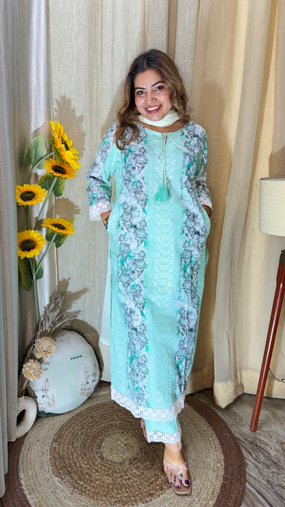 Mint Floral printed Cotton Kurta Set