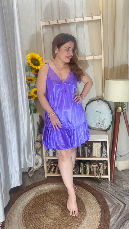 3pc Satin Lycra Lace Nighty – Purple Glow