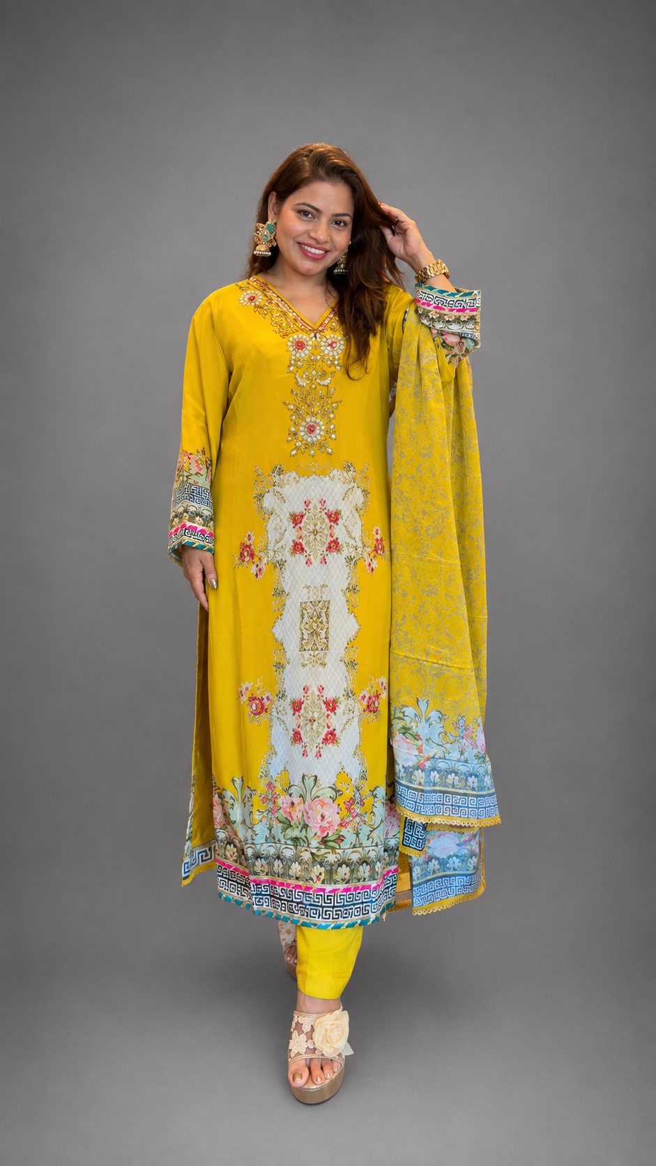 Pure Crepe Printed 3-Piece Suit Set with Handwork | Bling By Anjali