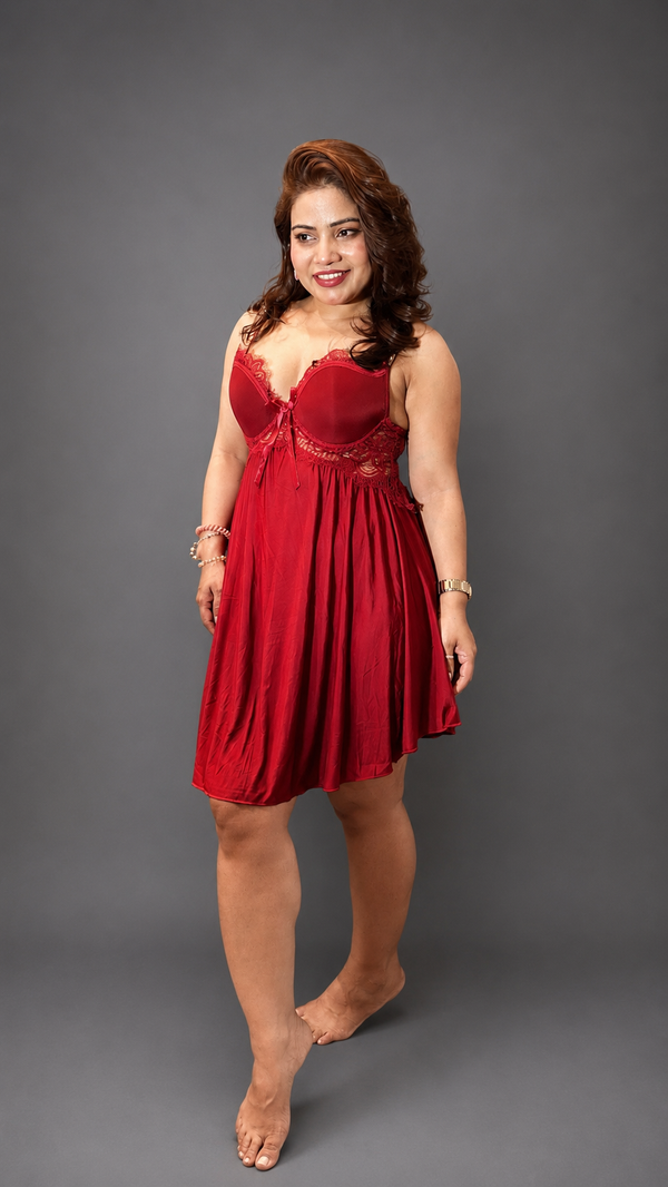 Bling by Anjali – Wine Red Lace Babydoll Nightdress