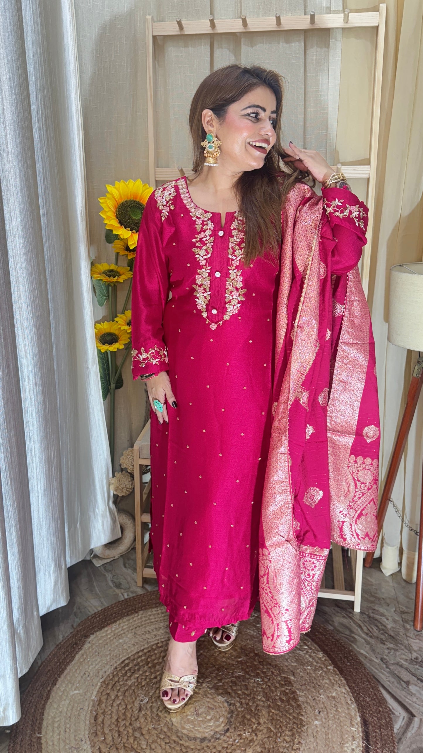 Fuchsia Pink Embroidered Suit with Banarasi Dupatta
