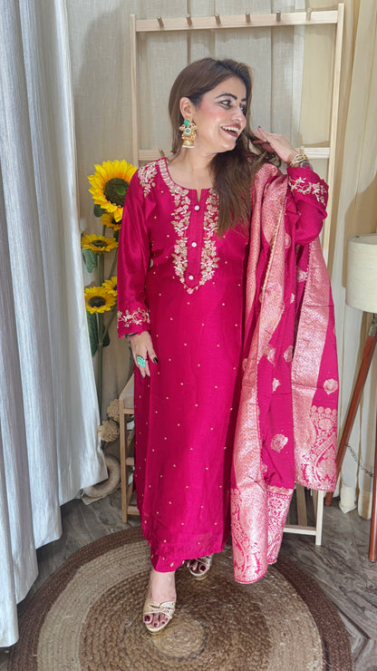 Fuchsia Pink Embroidered Suit with Banarasi Dupatta