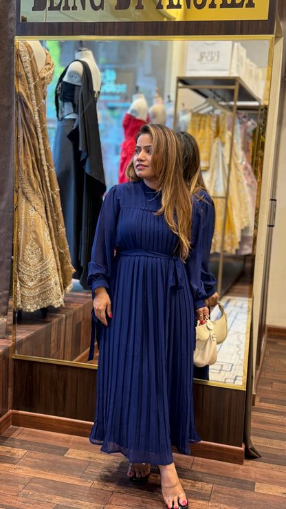 Navy Blue Pleated Midi Dress with Waist Tie – Elegant Flowy Party Wear