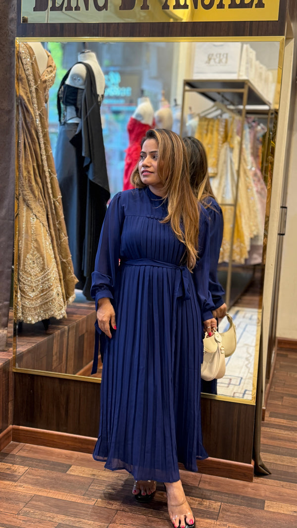 Navy Blue Pleated Midi Dress with Waist Tie – Elegant Flowy Party Wear