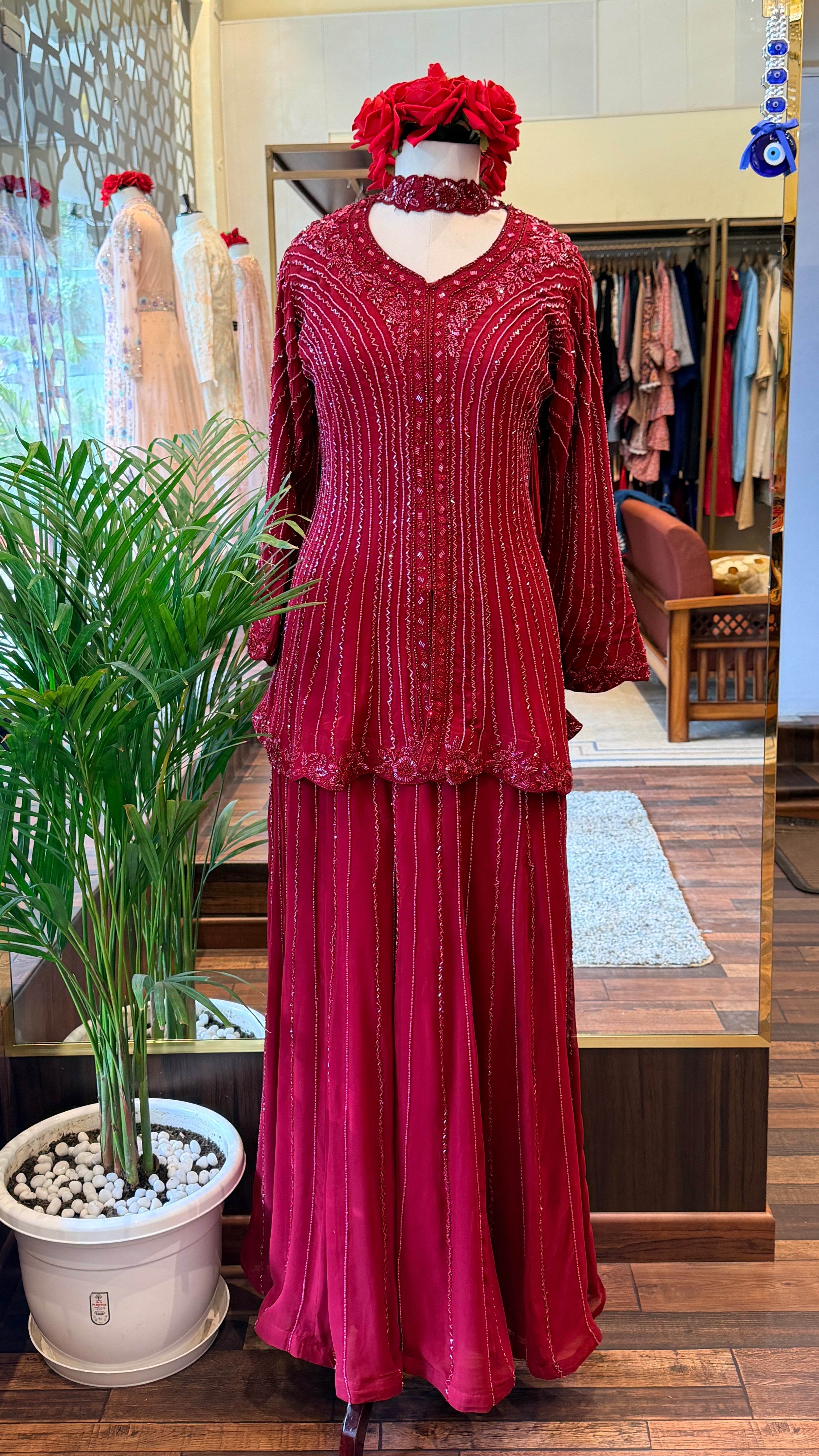 Hand-Embellished Peplum Top Sharara Set