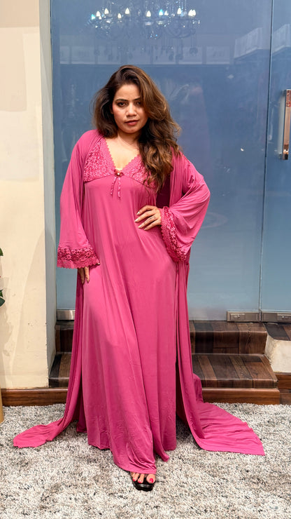 Rose Pink Satin Lace Nightwear Set with Robe | Luxury Bridal Lounge Wear | Designer Night Suit Delhi