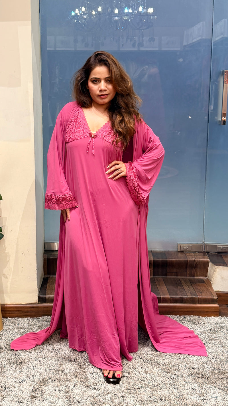Rose Pink Satin Lace Nightwear Set with Robe | Luxury Bridal Lounge Wear | Designer Night Suit Delhi