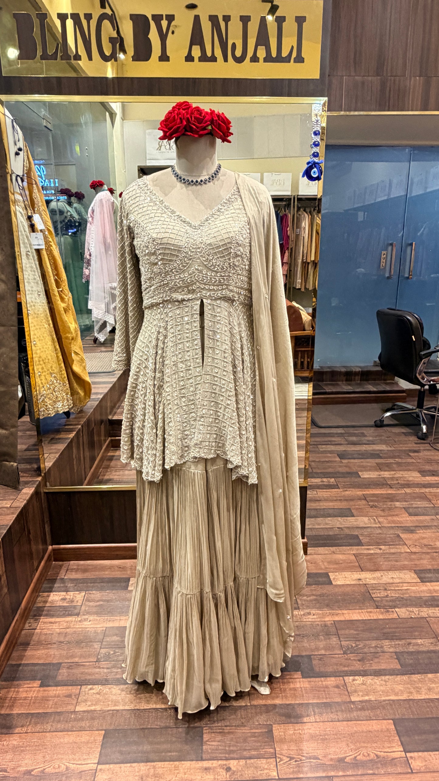 Champagne Embroidered Sharara Set | Luxe Occasion Wear