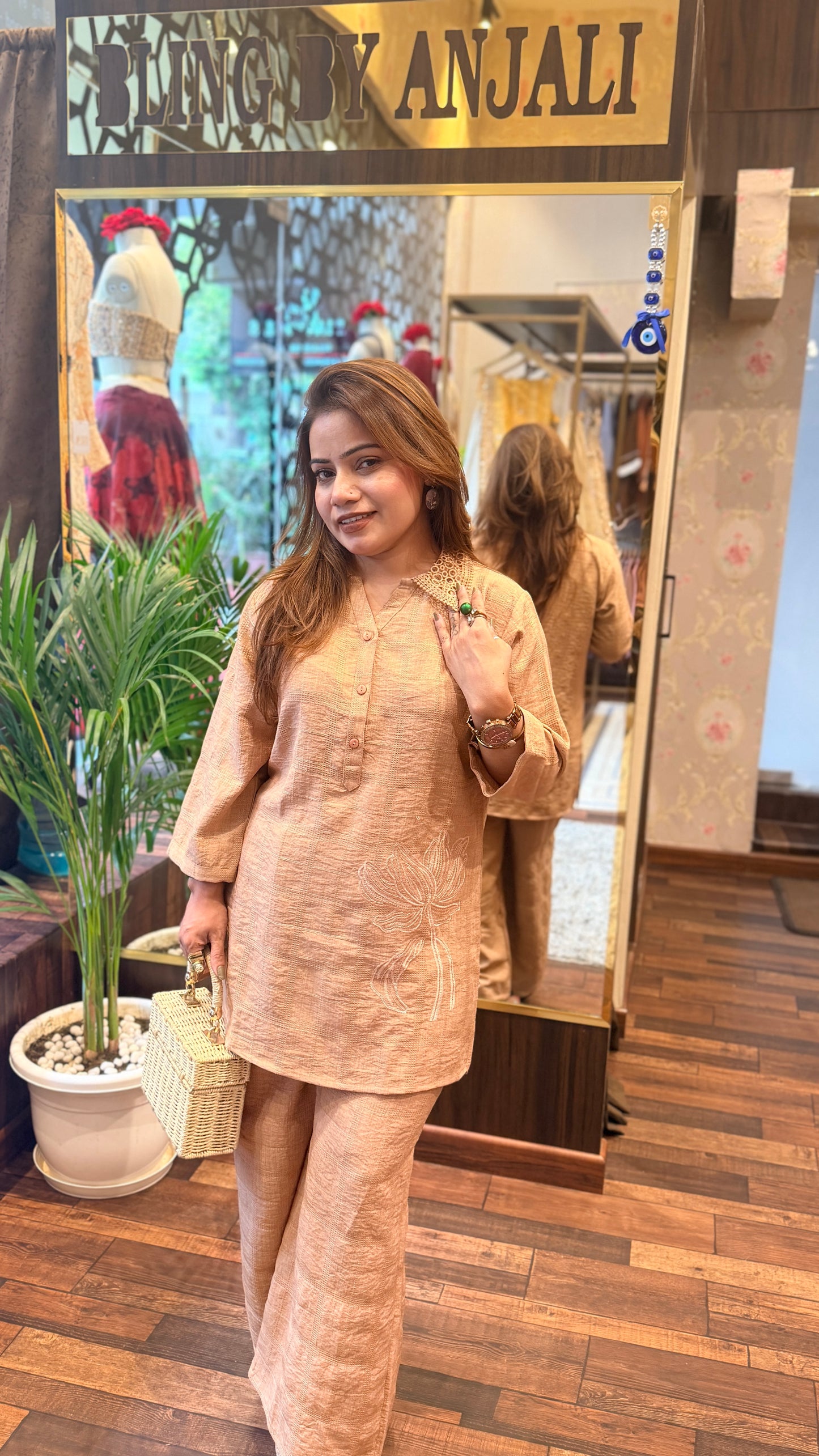 Cotton Linen Embroidered Co-Ord Set for Women | Summer Kurta & Straight Pants