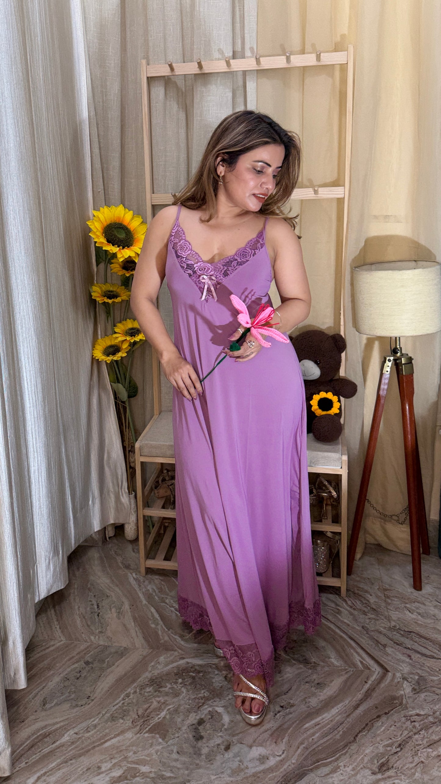 Lavender Lace Trim Luxury Long Nighty for Women