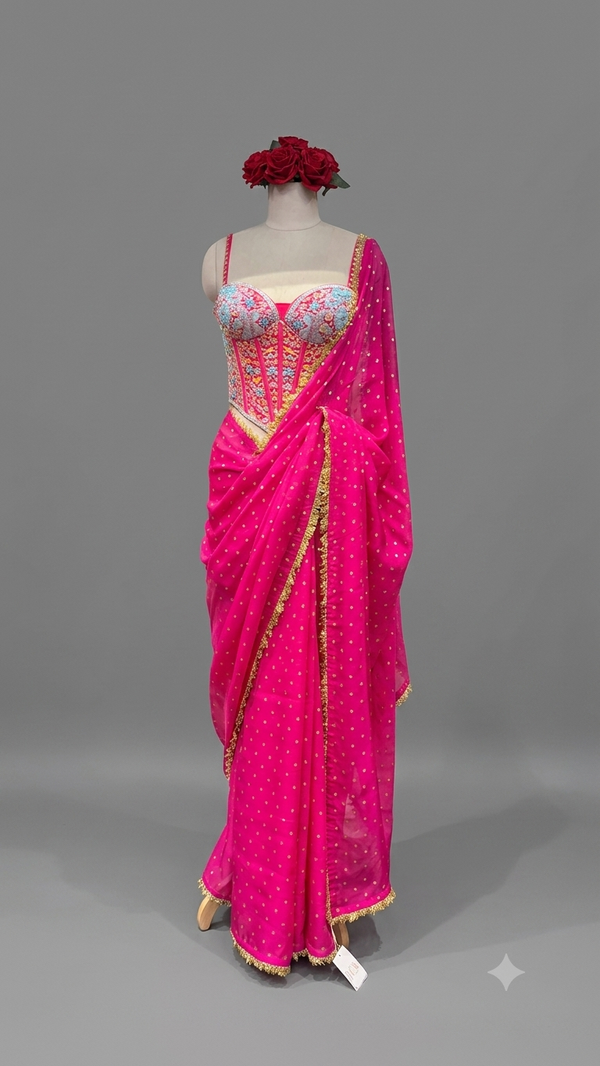 "RANI" - HOT PINK EMBROIDERED CORSET SAREE SET