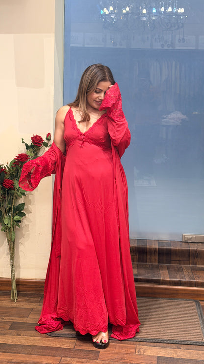 Luxury Red Satin Nightwear Set with Lace Detail & Robe