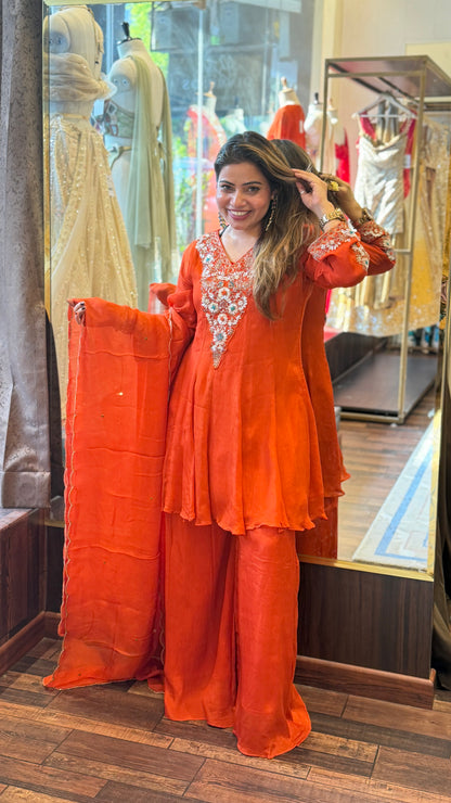 Orange Embroidered Kurta Set with Dupatta