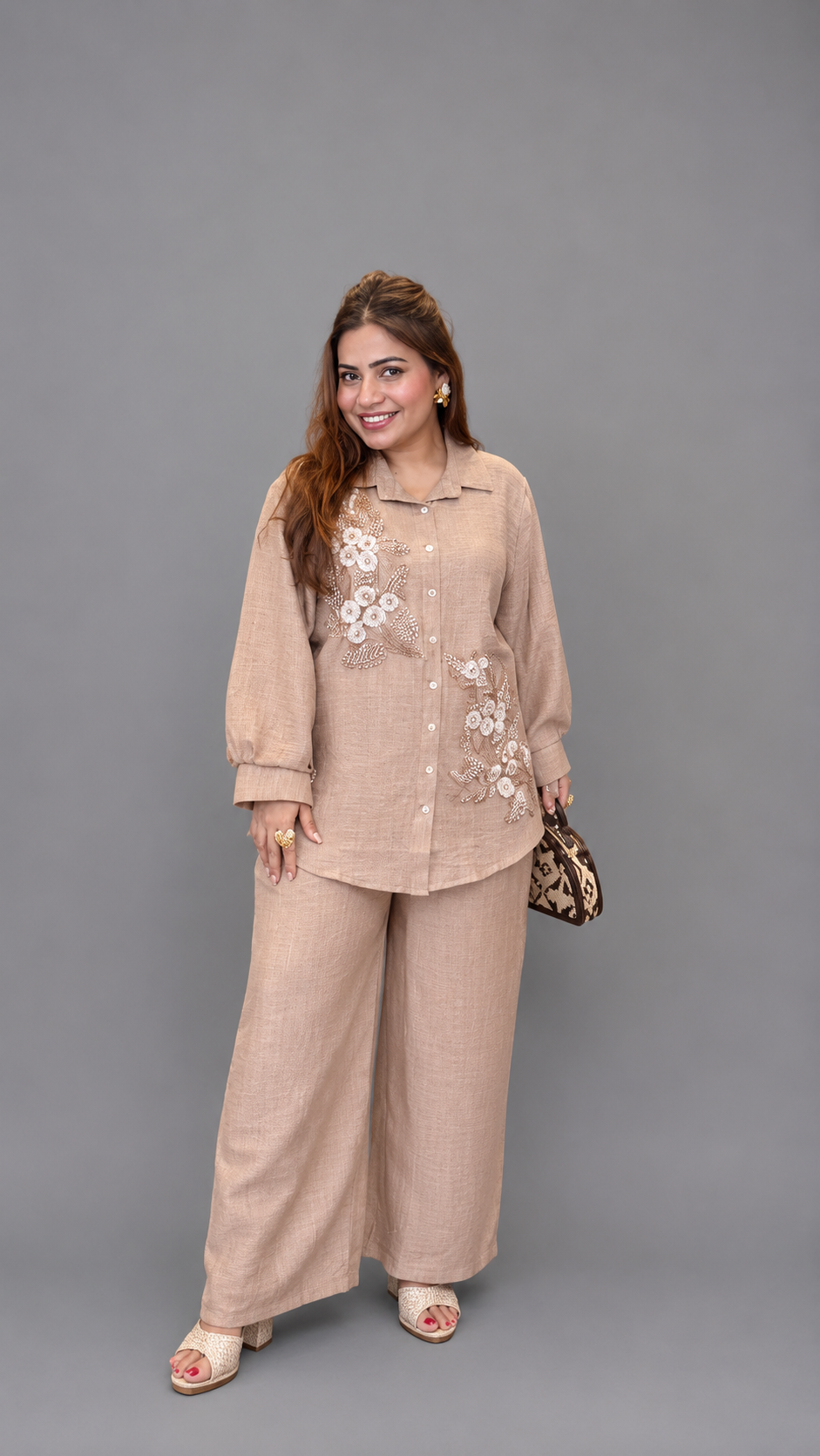 Beige Linen Co-ord Set with Floral Embroidery