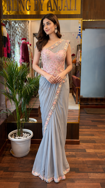 Grey Draped Saree with Hand-Embroidered Blush Pink Corset