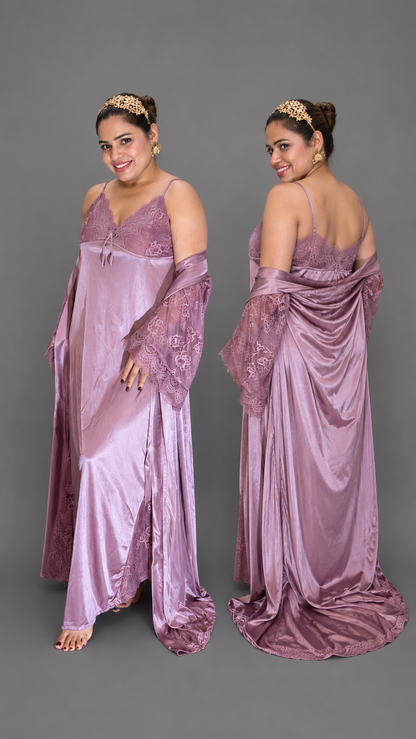 Dusty Rose Satin & Lace Nightwear Set with Robe – 3 Piece Luxe Sleepwear
