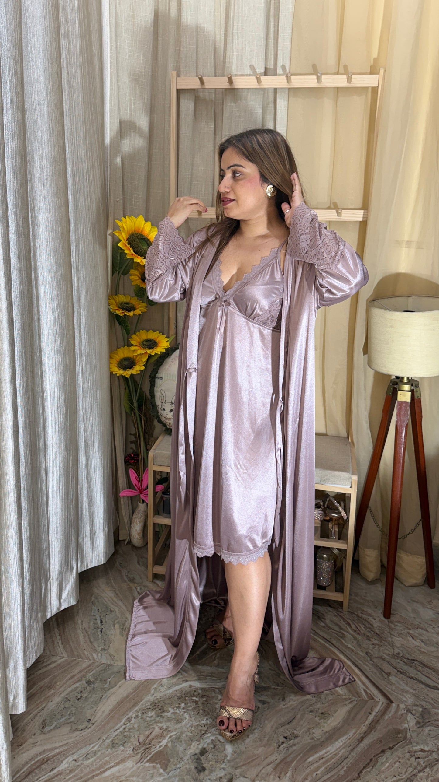 Luxe Satin Nightdress with Robe Set – Elegant Lace Trim Sleepwear (2 Piece)