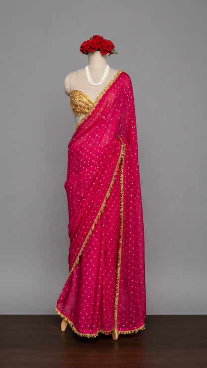 Rani Pink Dotted Saree with Gold Border