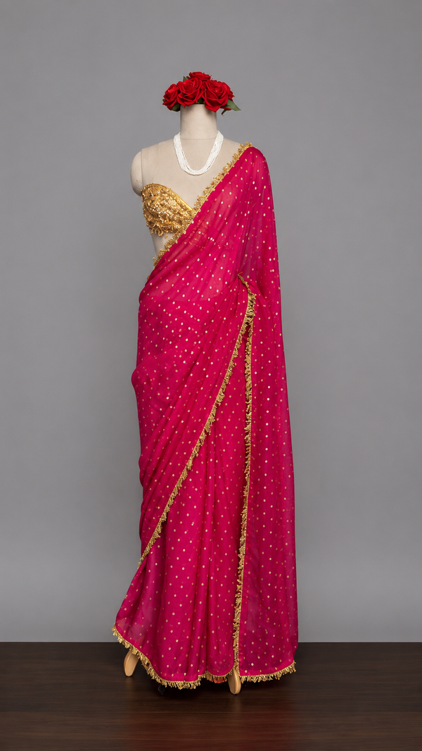 Rani Pink Dotted Saree with Gold Border