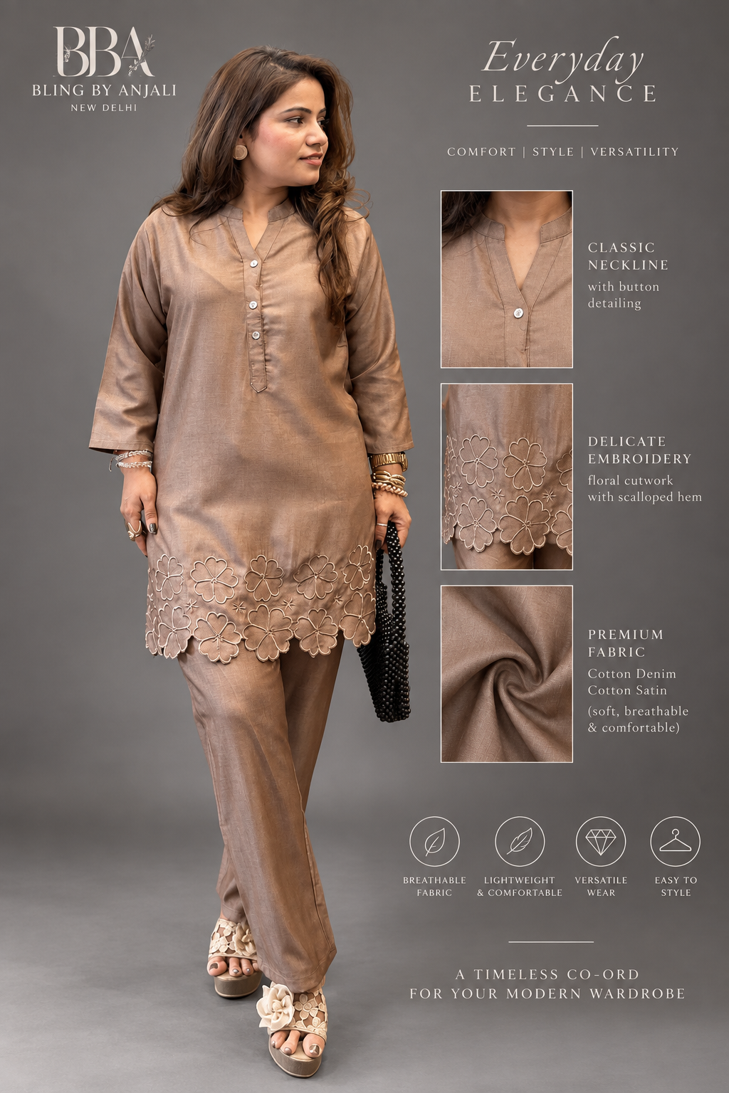 Mocha Cotton Satin Embroidered Co-Ord Set