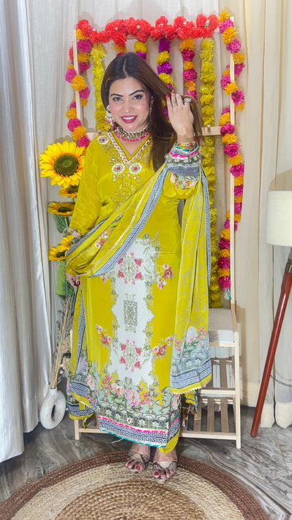 Mustard Yellow Pure Crêpe, ￼ Embroidered 3-Piece Suit