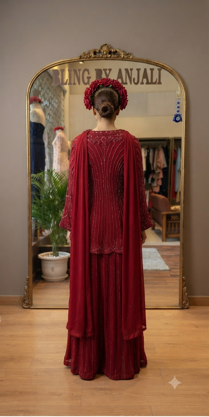 Hand-Embellished Peplum Top Sharara Set
