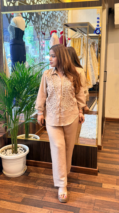 Beige Linen Co-Ord Set with Lace Embroidered Shirt
