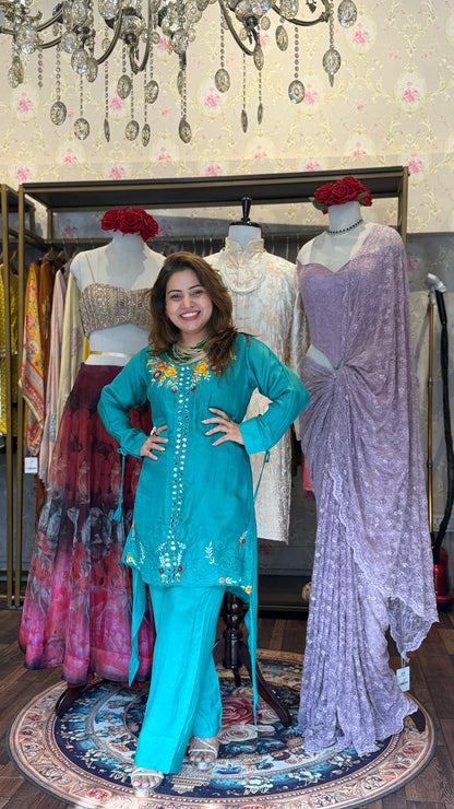 Teal Blue Floral Embroidered Kurta Set with Straight Pants | Premium Festive Ethnic Wear for Women