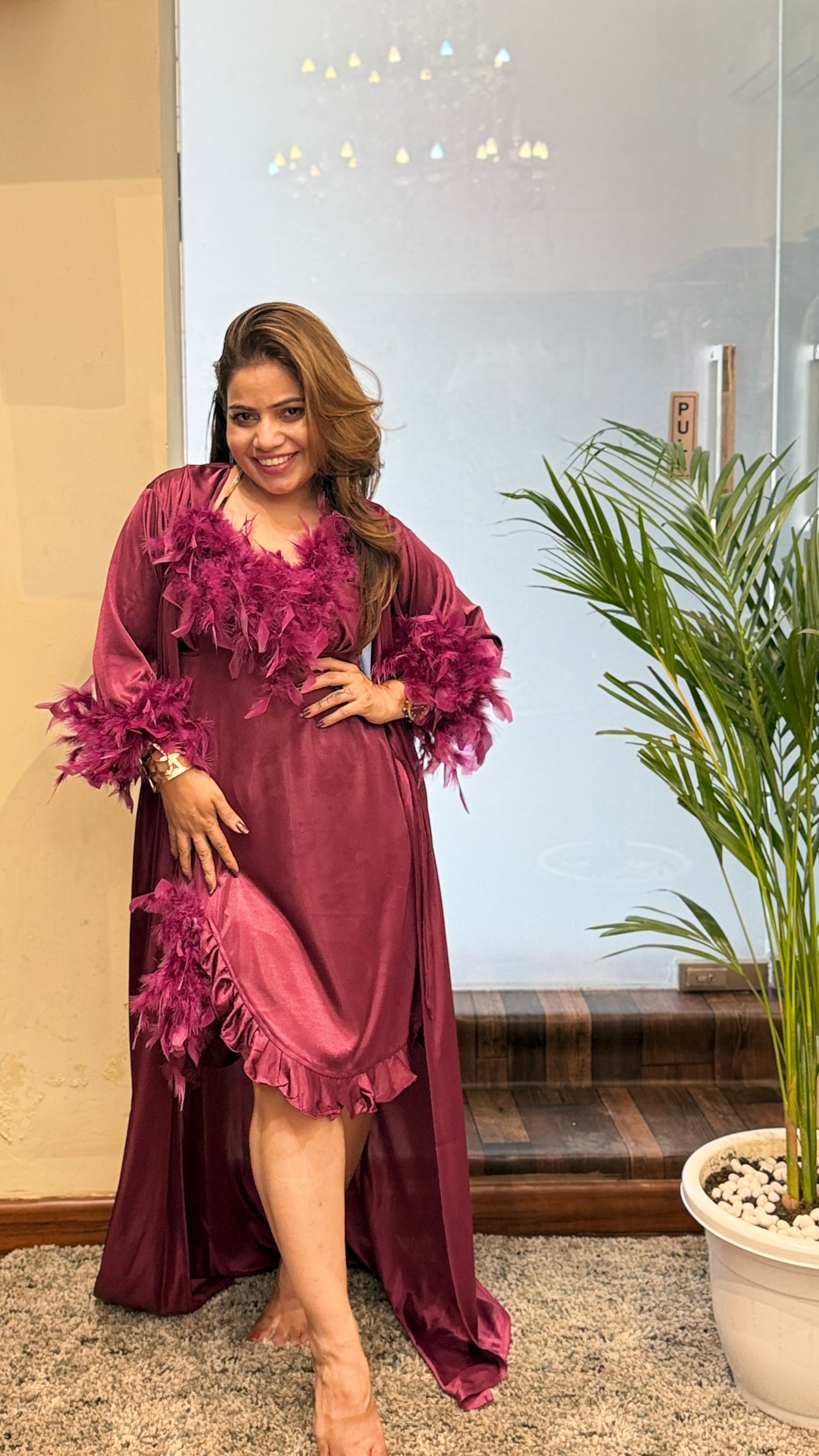 Wine Satin Feather Trim Dress with Cape