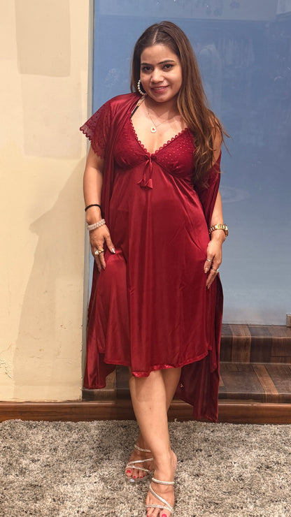 Red Satin Lace Nightdress with Robe – Luxury Bridal & Honeymoon Sleepwear Set
