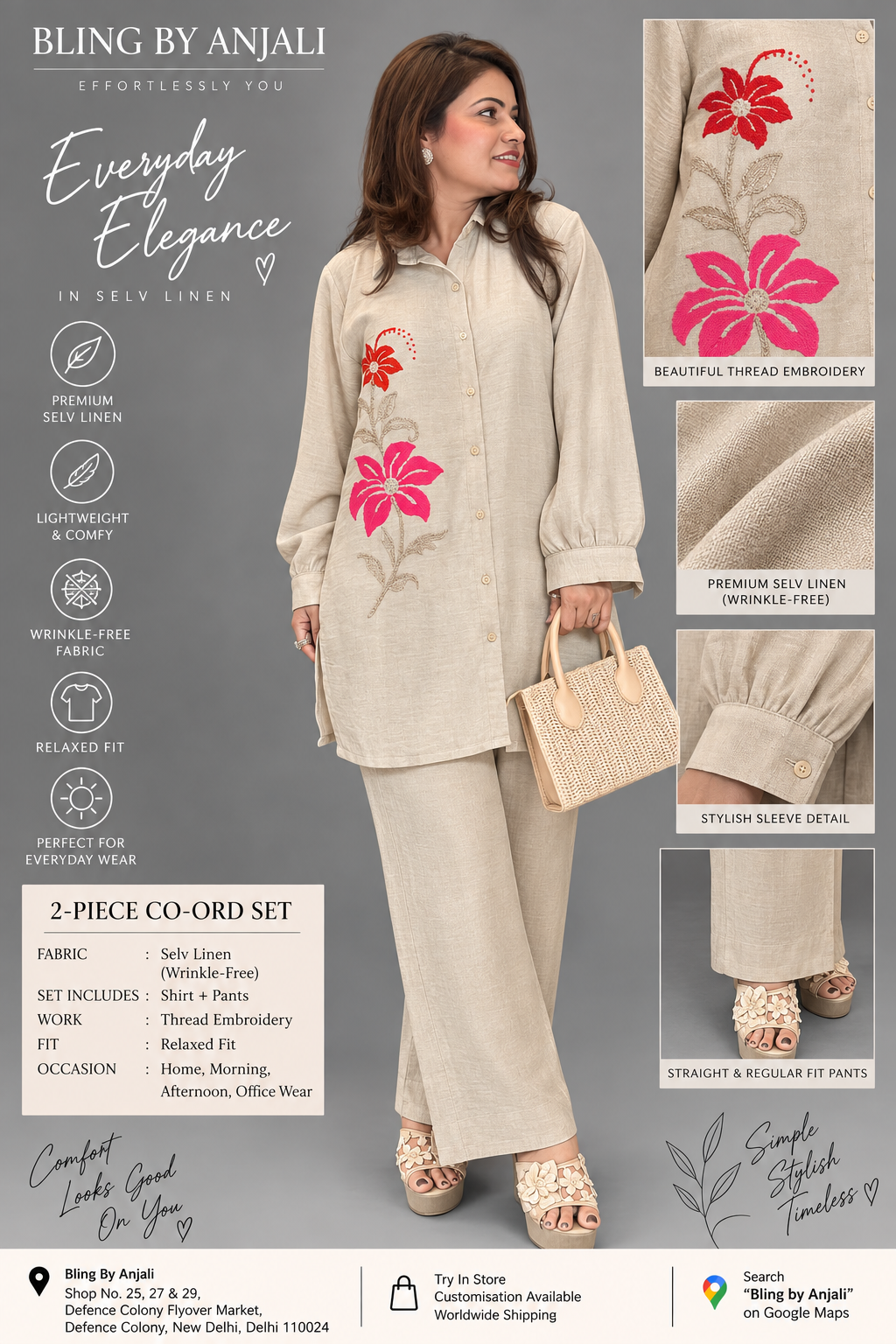 Floral Threadwork Selv Linen Co-Ord Set