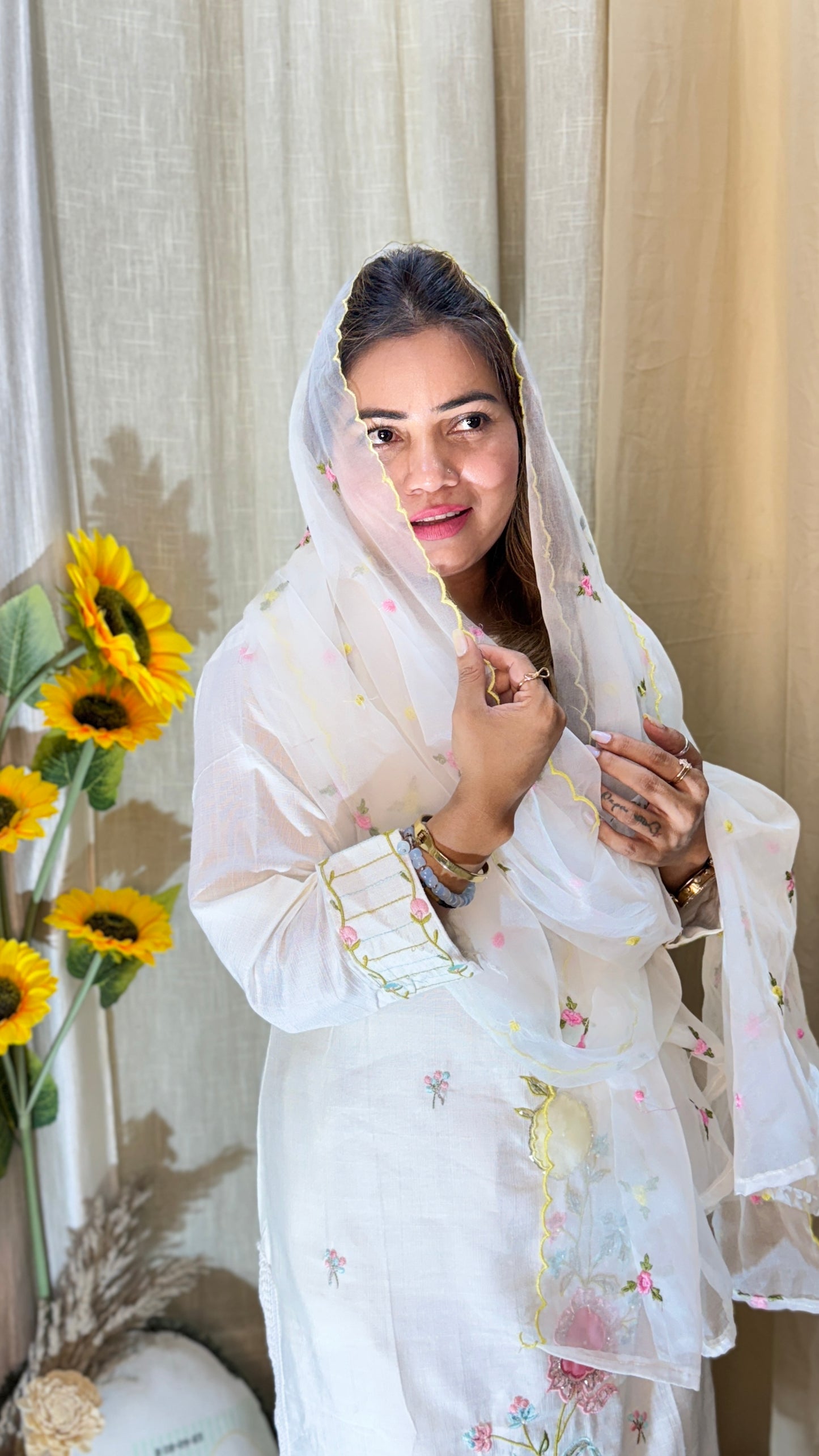 White Floral Embroidered Cotton Suit Set