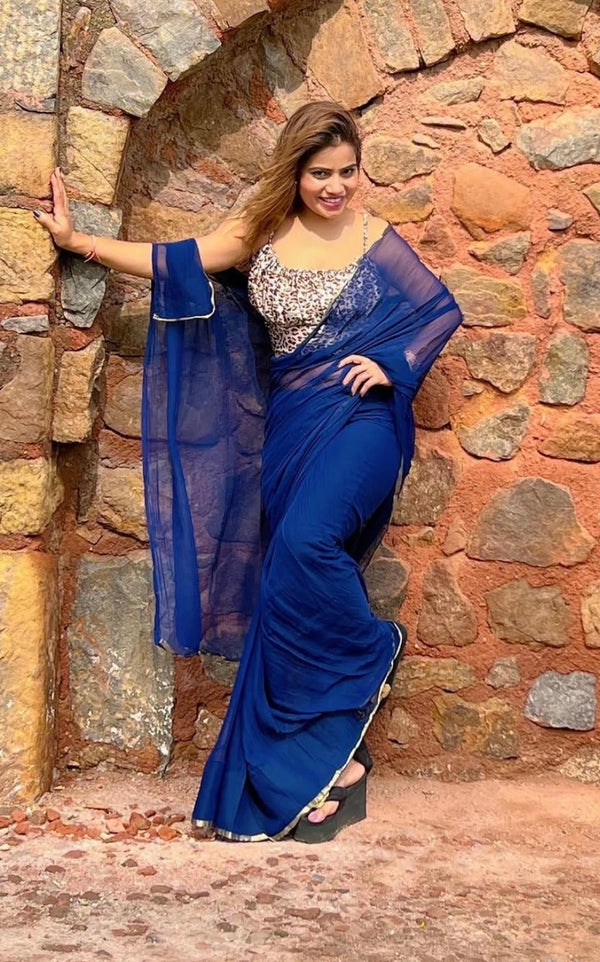 Blue chiffon saree with printed blouse