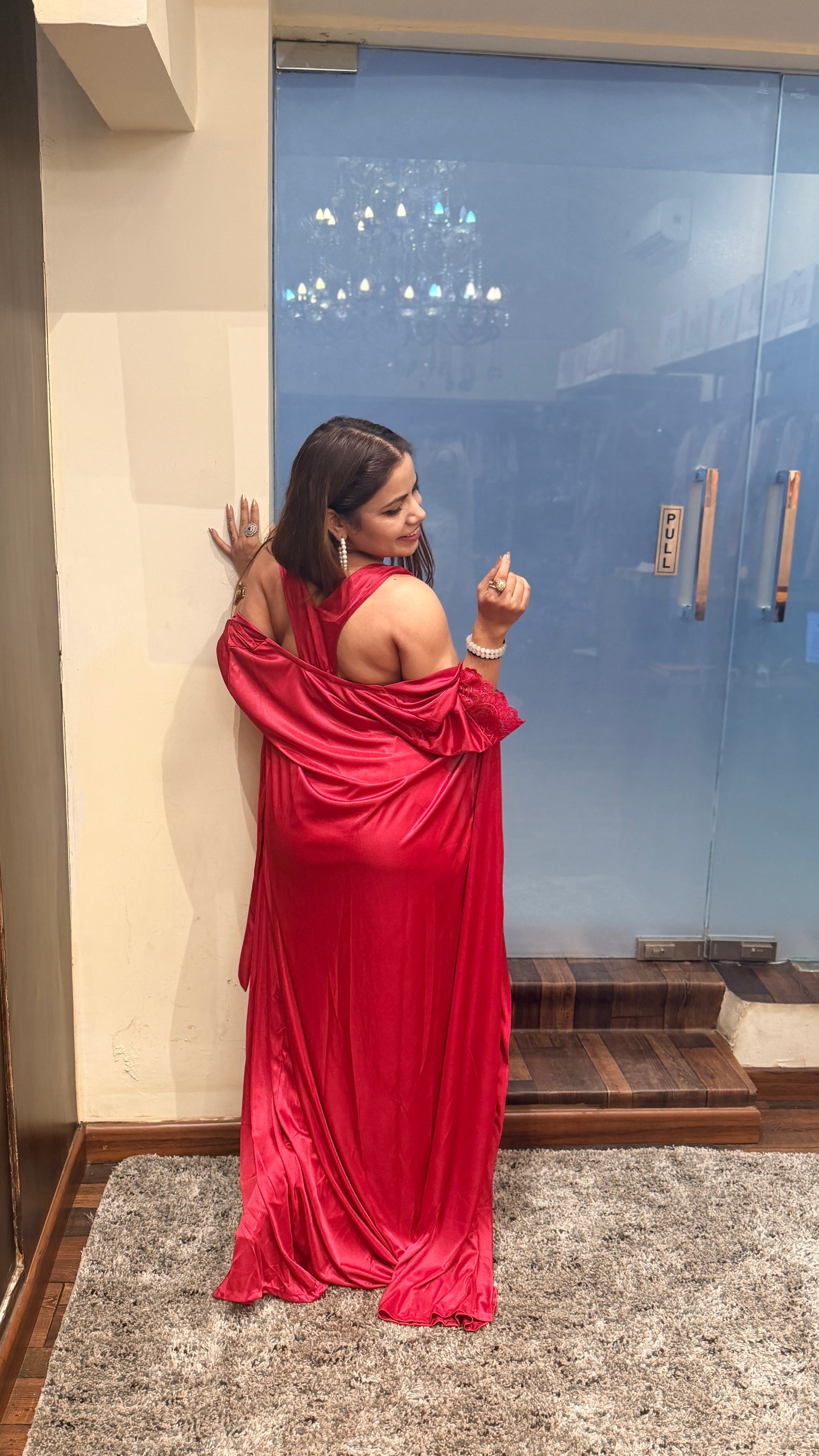 Luxury Red Satin Nightwear Set with Lace Detail (Robe + Slip)