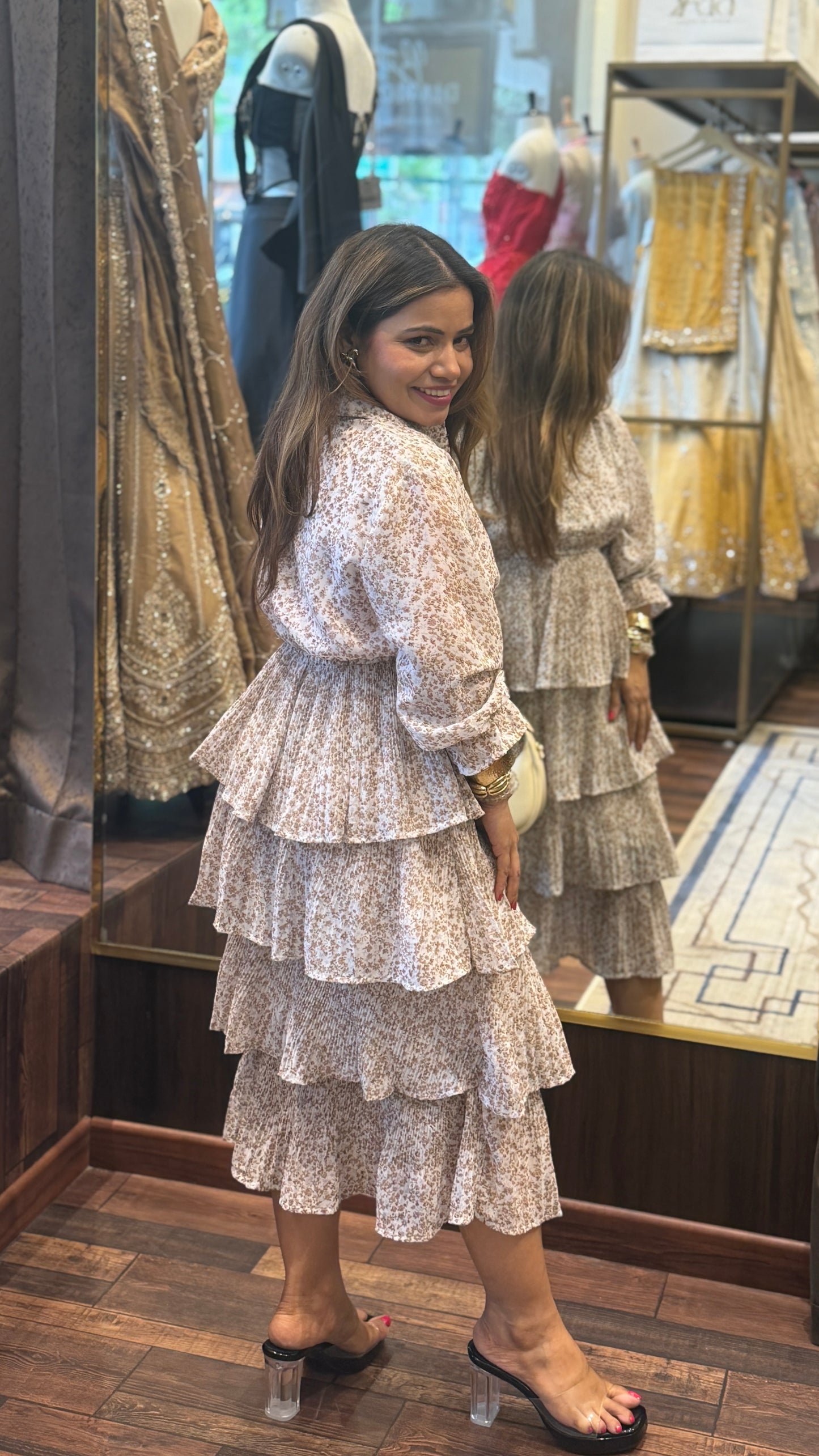 Romantic Layered Floral Midi Dress with Shirt Collar