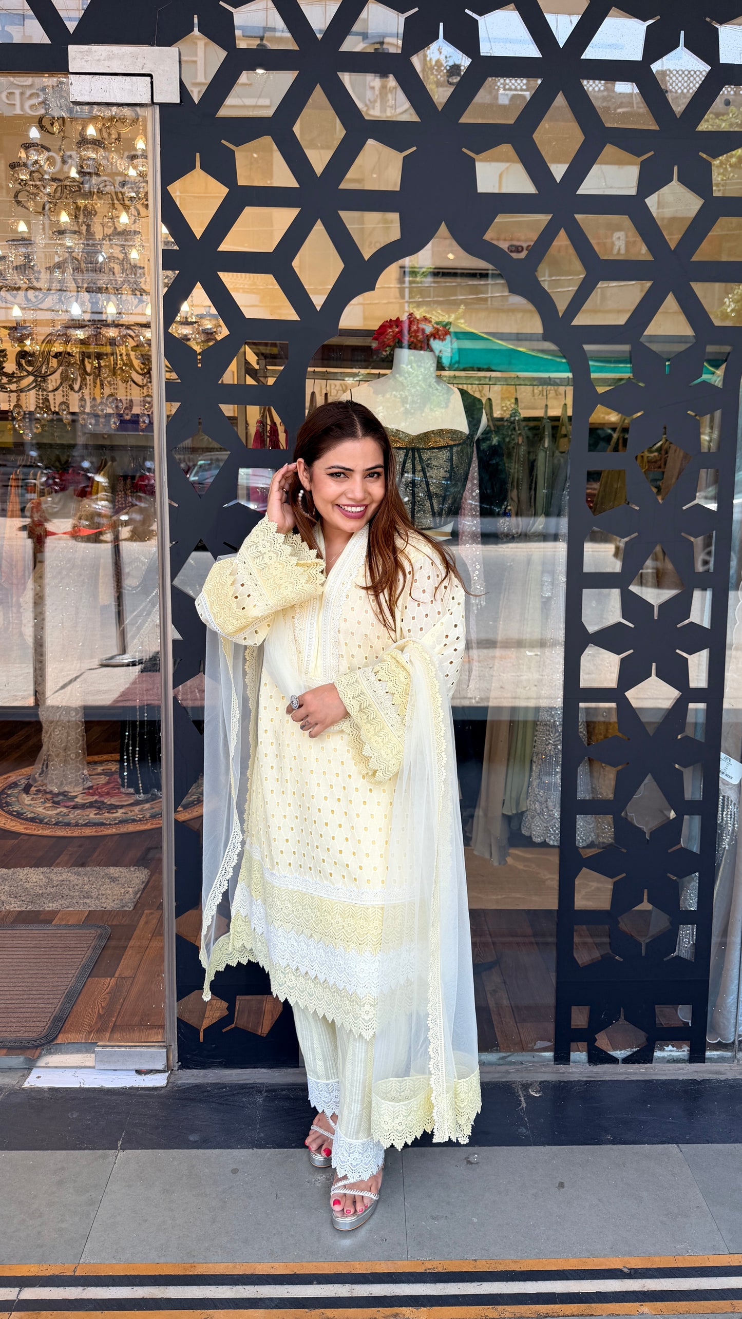Butter Yellow Chikankari Kurta Set with Lace & Dupatta | Luxury Summer Ethnic Wear | Defence Colony Designer