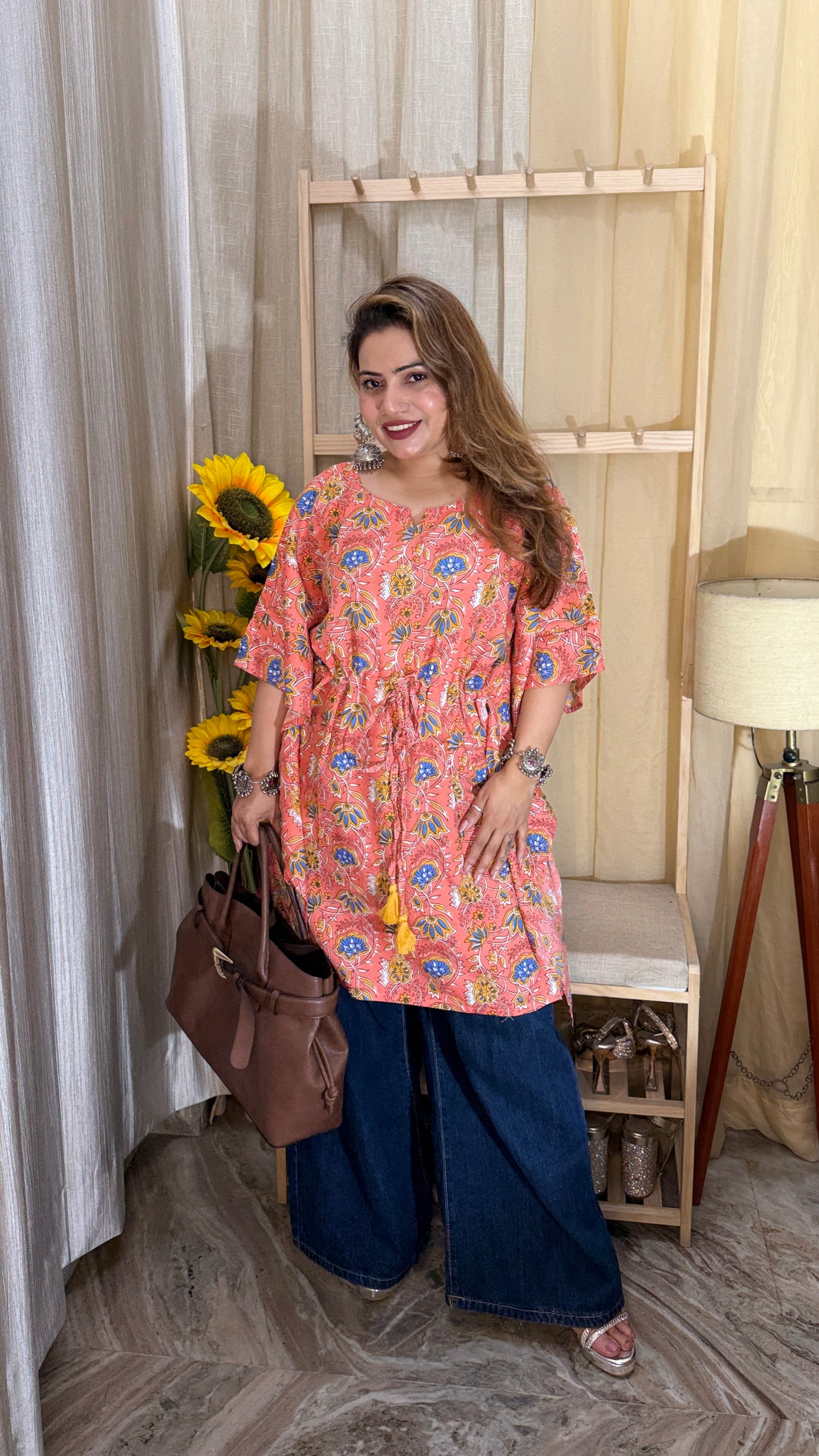 Peach Floral Printed Cotton Kurti with Tassel Tie-Up