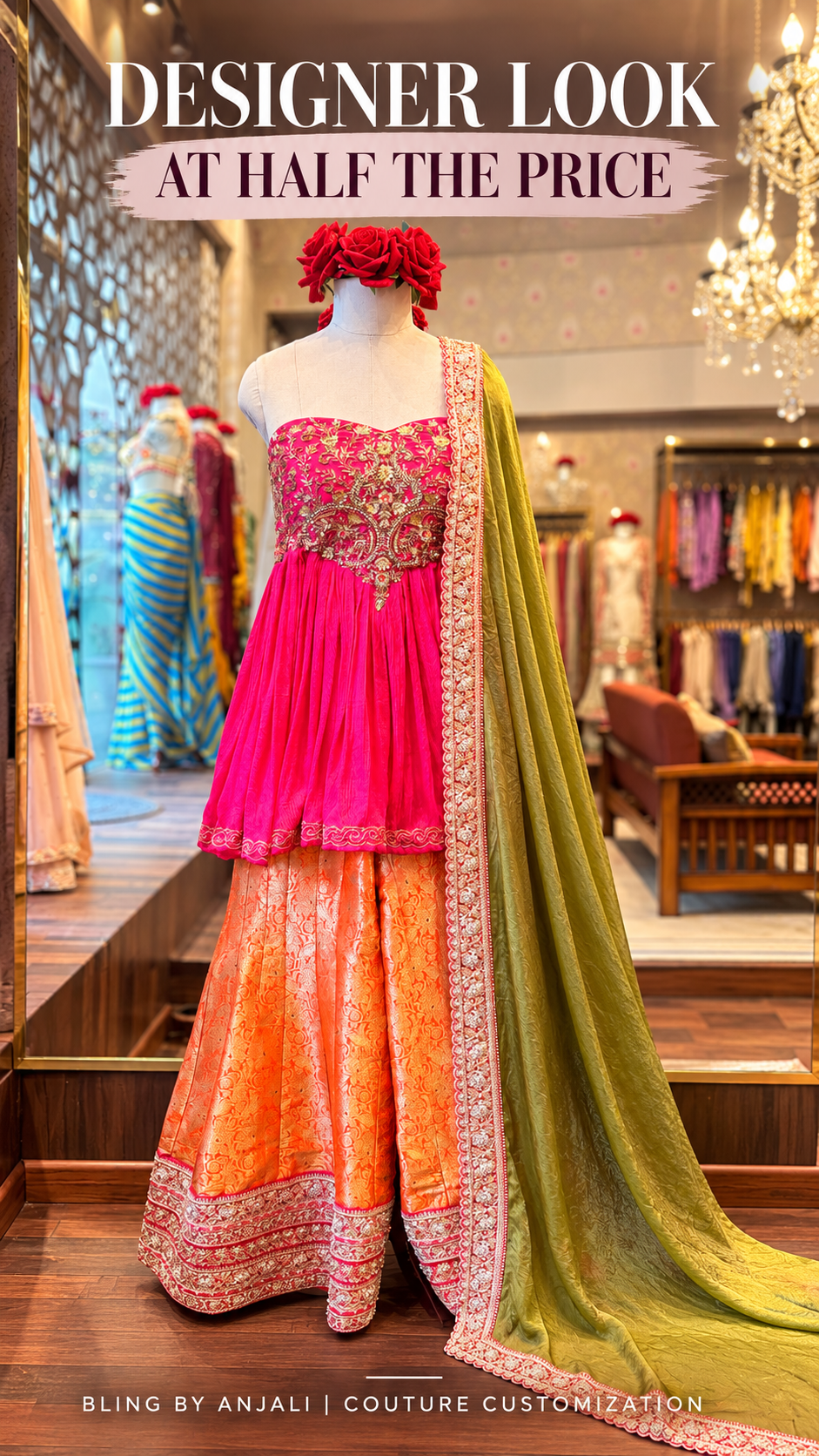 Pink and Orange Sharara Set with Embroidered Olive Dupatta