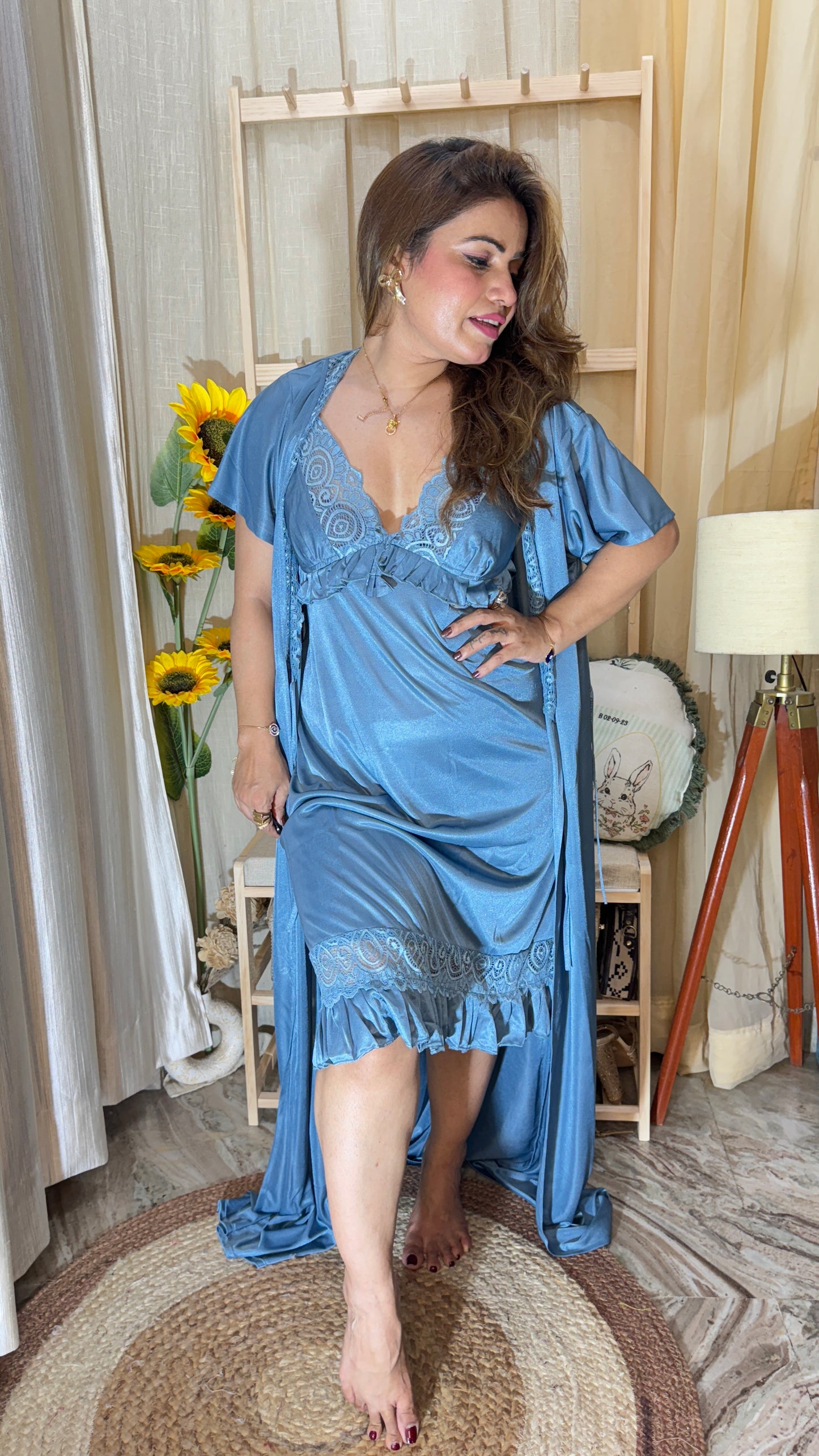 2pc Satin Lace Nighty with Robe – Sky Blue