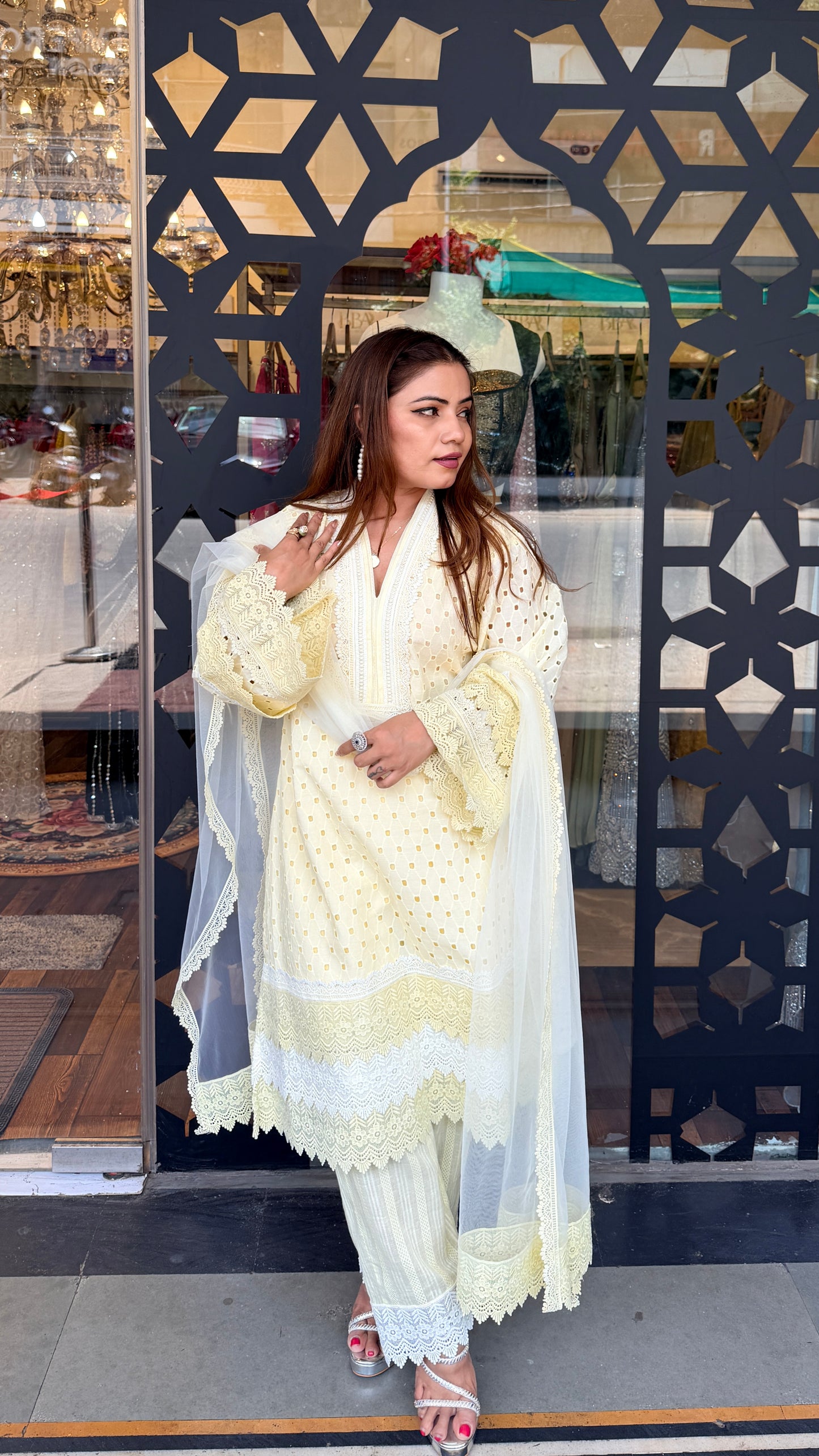 Butter Yellow Chikankari Kurta Set with Lace & Dupatta | Luxury Summer Ethnic Wear | Defence Colony Designer